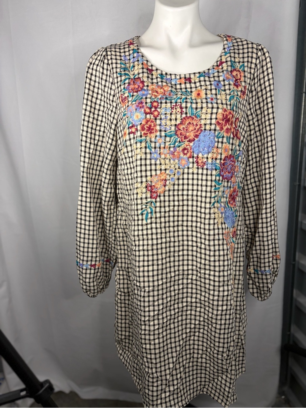 Savanna Jane Cream & Black Check Tunic with Floral Embroidery